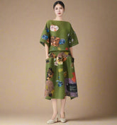 Olive Green Pleated Top & Skirt Set